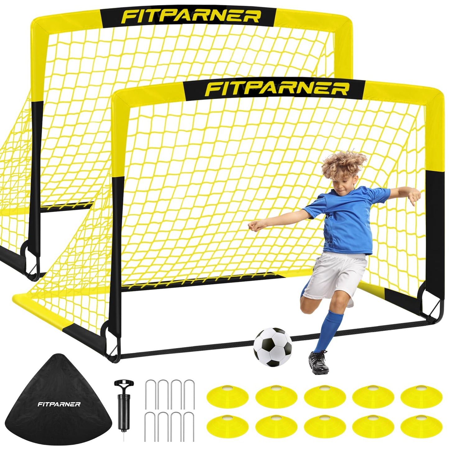 Kids Soccer Goals for Backyard Set - 2 Set of 4X3 ft Soccer Nets for Kids Age 3-14,Portable Pop Up Soccer Training Equipment Kit with Soccer Ball,Cones for Toddler Youth Outdoor Game