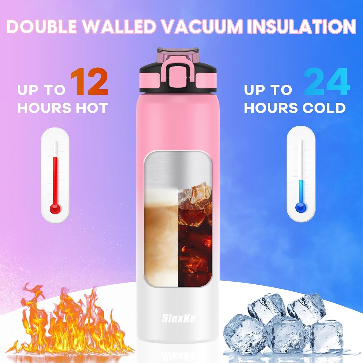 24oz Leakproof Vacuum Insulated Water Bottle, Ideal for Hot or Cold Drinks, Double wall Straw Drinking Bottle, BPA-Free, Prefect for Sport,School, Office, Fitness