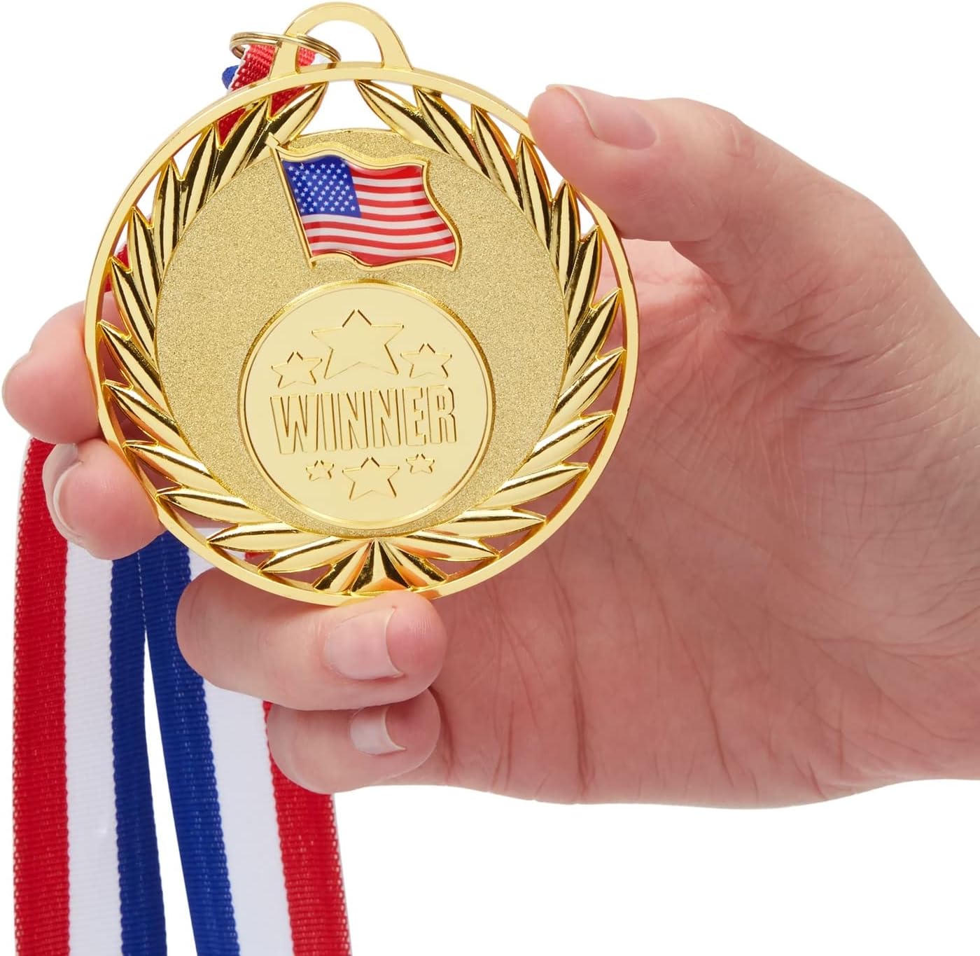 Juvale Medals for Awards - 12-Pack Gold 2.75-inch Medals with 15.5-inch Red/White/Blue Neck Straps - 1st Place Award & Participation Ribbons - Competition Ribbons for Kids