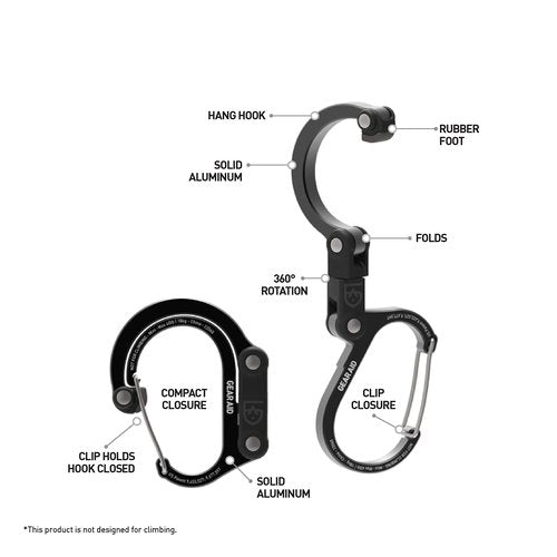 GEAR AID HEROCLIP Carabiner Clip and Hook (Mini) for Travel, Luggage, and Small Bags, Stealth Black