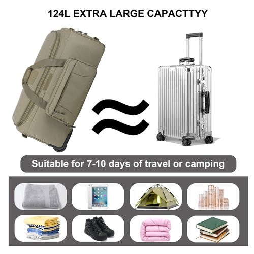 Military Tactical Wheeled Deployment Bag Rolling Duffel Trolley Bag for Camping (Green)