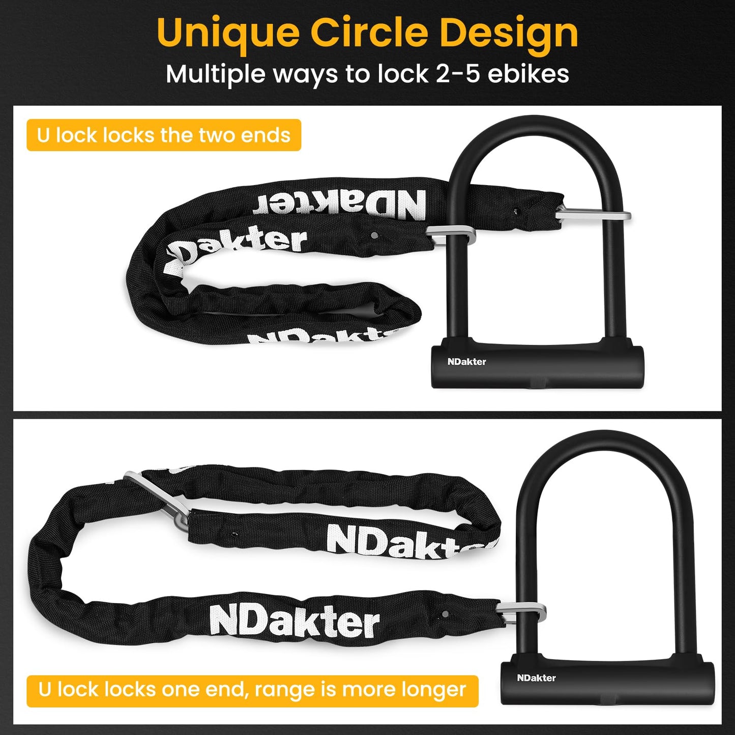 NDakter Bike Locks, 17mm Heavy Duty Anti Theft, Bike U Lock with 4FT Chain and Bracket, Electric Bicycle Lock for Scooter, 3 Keys Motorcycle Wheel Lock for Ebike, Moped, Tricycle