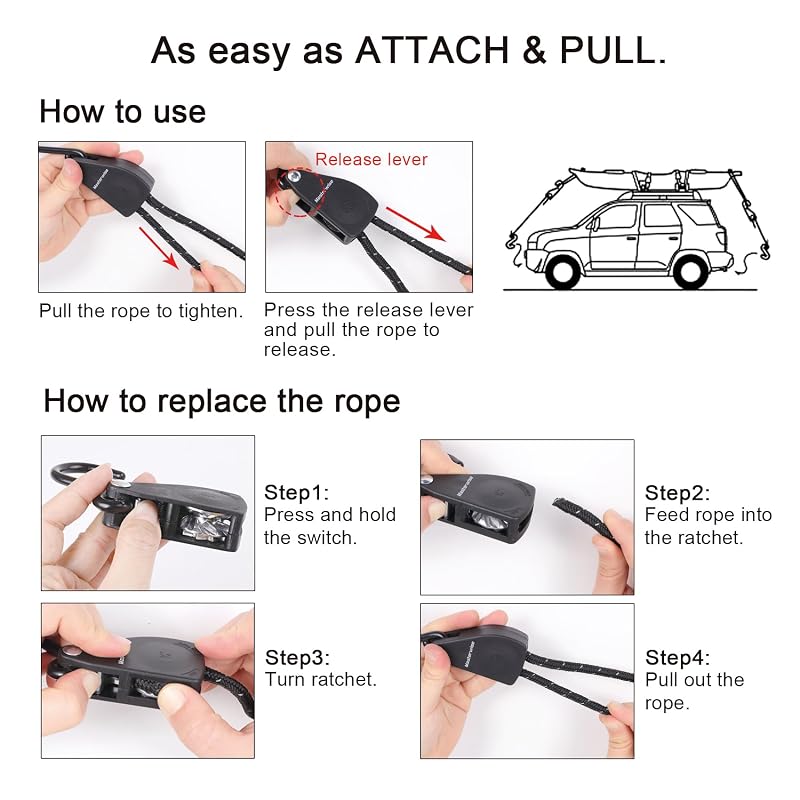 Masterwise 1/4" x12' Kayak Tie Down Straps with Reflective Stripe - 4 pcs (Black + 1/4"×12')