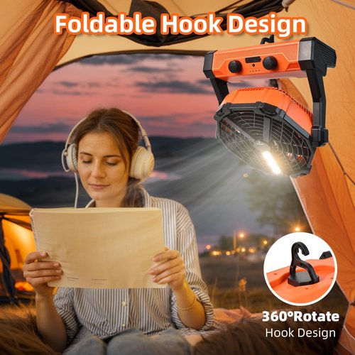 yesiwtc Camping Fan Ventilador Recargable 20000mAh Battery Operated With LED Lantern/Hook/Remote Auto Oscillating 60 Hrs Work Cordless Tent Fan for Emergency, Camping, Outdoor