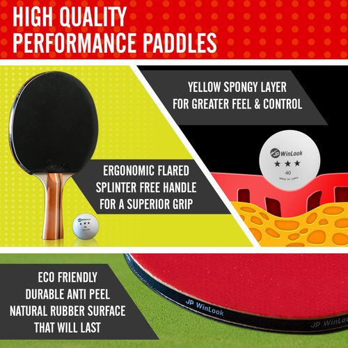 JP WinLook Ping Pong Paddle Set - Four Professional Table Tennis Paddles, Eight Balls, and A Case for Indoor & Outdoor Play - Premium Ping Pong Racket Set for All Players