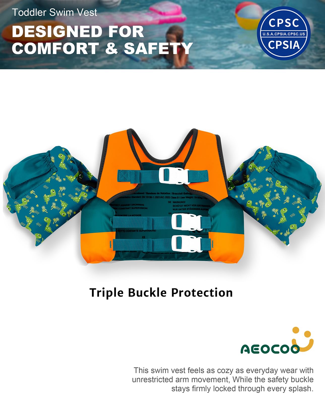 AEOCOO Puddle Float Jumper 30-50-60-70 Pounds, Toddler Swim Vest for 2-3-5-7 Years Old, Pool Floats with Swimming Arm Floaties Swim Jacket for Kids Swimmies, Boys, Girls, Niños, Cool-Dino