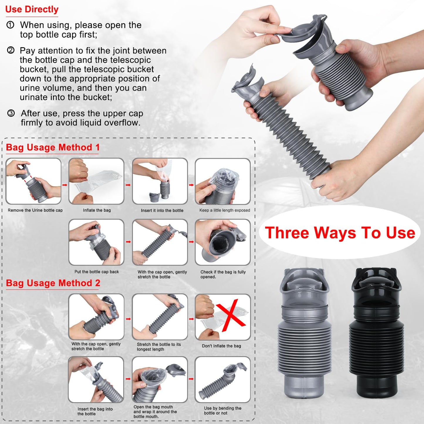 Pee Bottles For Men,Adjustable Urine Bottle With Disposable Replacement Bags,Car Pee Bottle For Men And Women,750ml,Leakproof,2-Piece Set Emergency Urinal For Road Trips,Traffic Jams And Camping