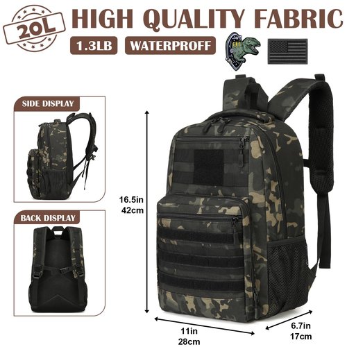 Kids Tactical Backpack Army Molle Bookbag Military Boys Backpack for School, Outdoor, Camping, Black Camo