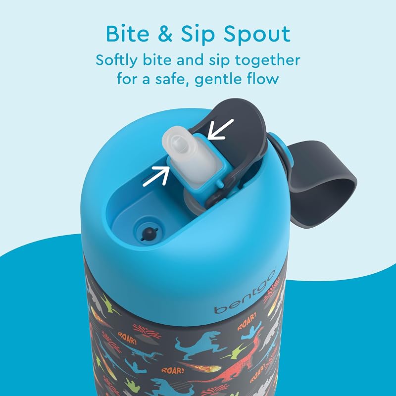 Bentgo Kids 14 oz Stainless Steel Water Bottle - Leak-Proof Bite & Sip (Dinosaur Variation)