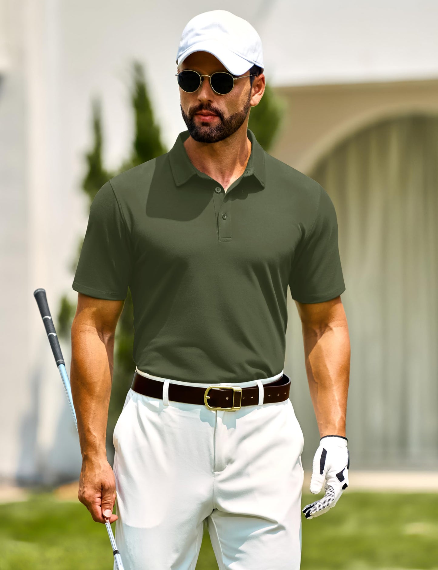 Cotrasen Polo Shirts for Men Cotton Short Sleeve 3 Buttons Classic Fit Casual Performance Soft Cooling Golf Tee Shirts Army Green XL