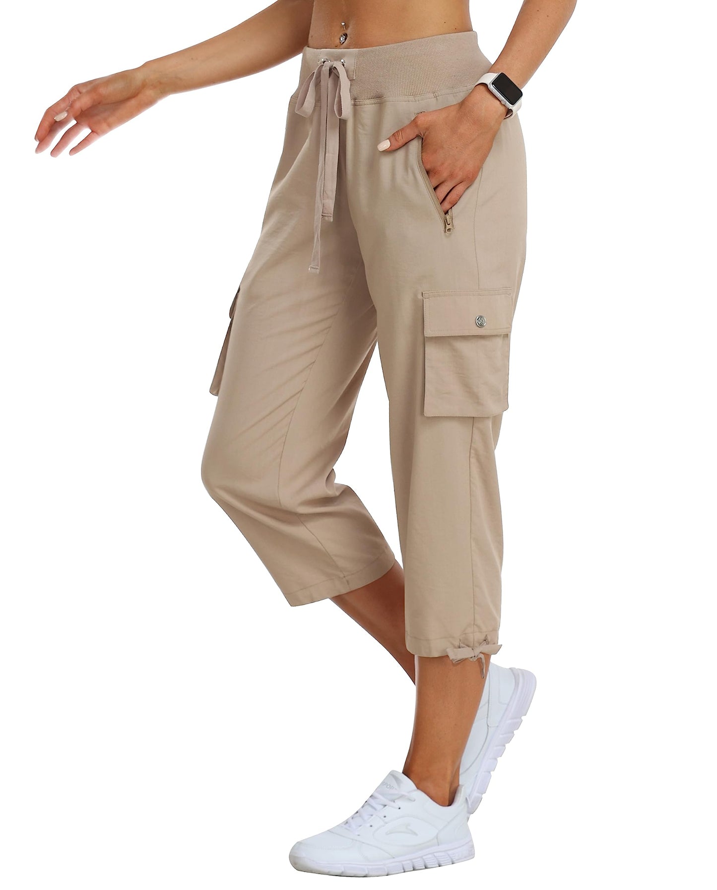 MoFiz Women's Hiking Capris Pants Lightweight Quick Dry Running Athletic Casual Outdoor Cargo Pants for Women Zipper Pockets Khaki XS