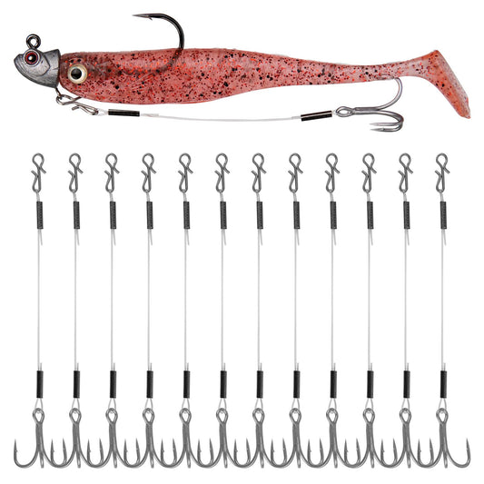 12PCS Stinger Hooks for Jig Heads - Quick-Snap #6/#8 Trailer Treble Hooks, 10#/40lbs fluorocarbon - Walleye, Bass
