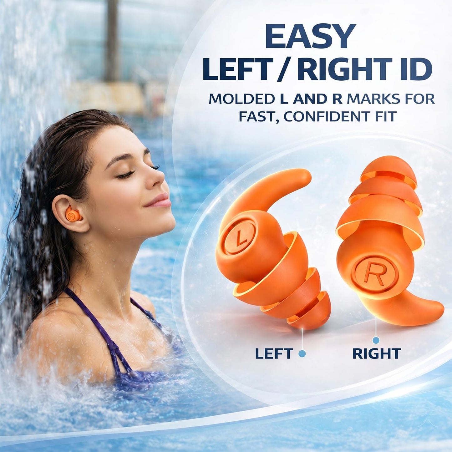 Waterproof Swimming Ear Plugs for Adults, 3 Pairs Reusable Silicone Swimmer Earplugs, Ear Protection for Showering Swimming Bathing Surfing and Other Water Sports