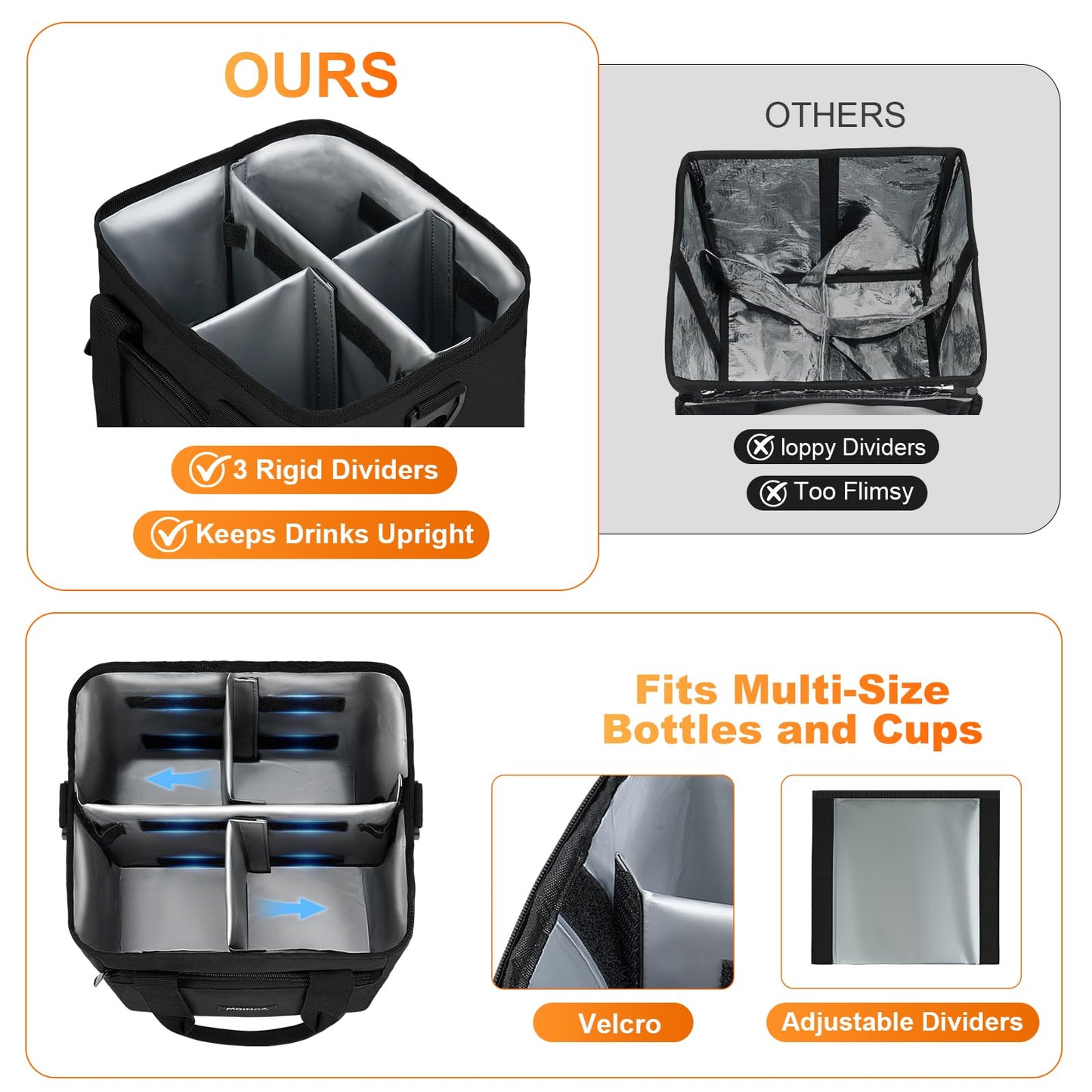 MRINCA Reusable Drink Carrier with Handle – Insulated, Collapsible 4-Cup Beverage Bag with No-Spill Base, Adjustable Dividers & Shoulder Strap, Portable Caddy for Delivery, Car and Travel, Black
