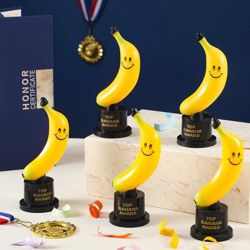 Tondiamo 6 Pcs Top Banana Award Trophy Plastic Cute Fun Award Trophy Smiling Yellow Banana on Black Stand Funny Trophies Gifts