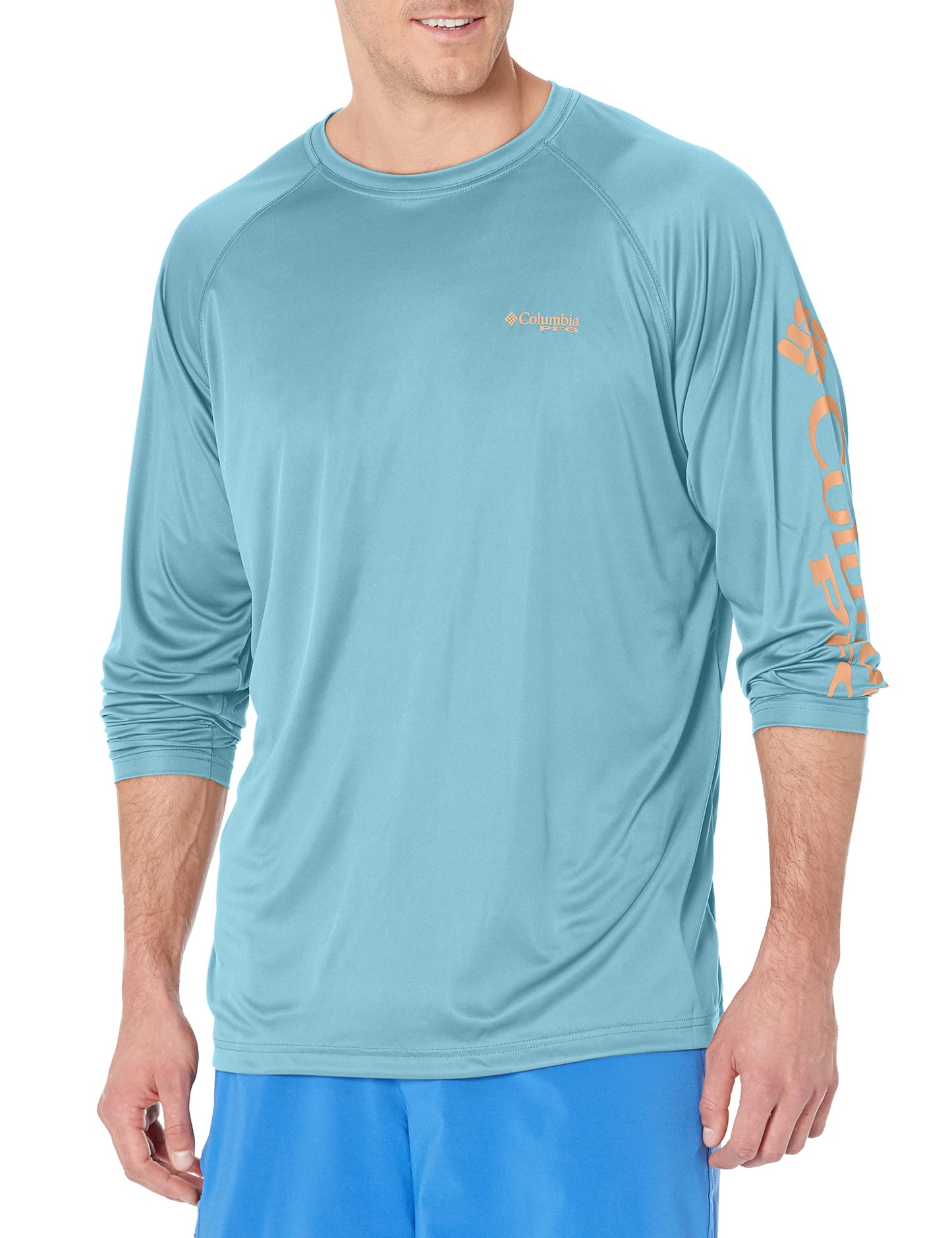 Columbia Men's Terminal Tackle Long Sleeve Shirt, Storm/Bright Nectar Logo, Large Tall