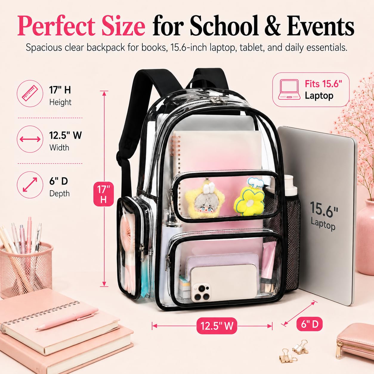 CAMTOP Clear Backpack Heavy Duty Transparent Bag for Stadium Events See Through BookBag for Student School Work Festival Sport Travel (Black)
