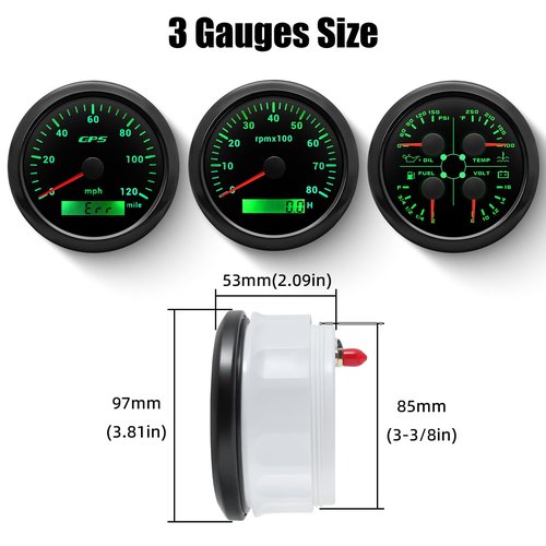 ARTILAURA Boat AUTO 3 Gauge Set- GPS Speedometer, Tachometer,4in1 Fuel Level/Water Temperature/Oil Pressure/Voltmeter, 85mm 7 Color Marine Gauges Kit (All Black)