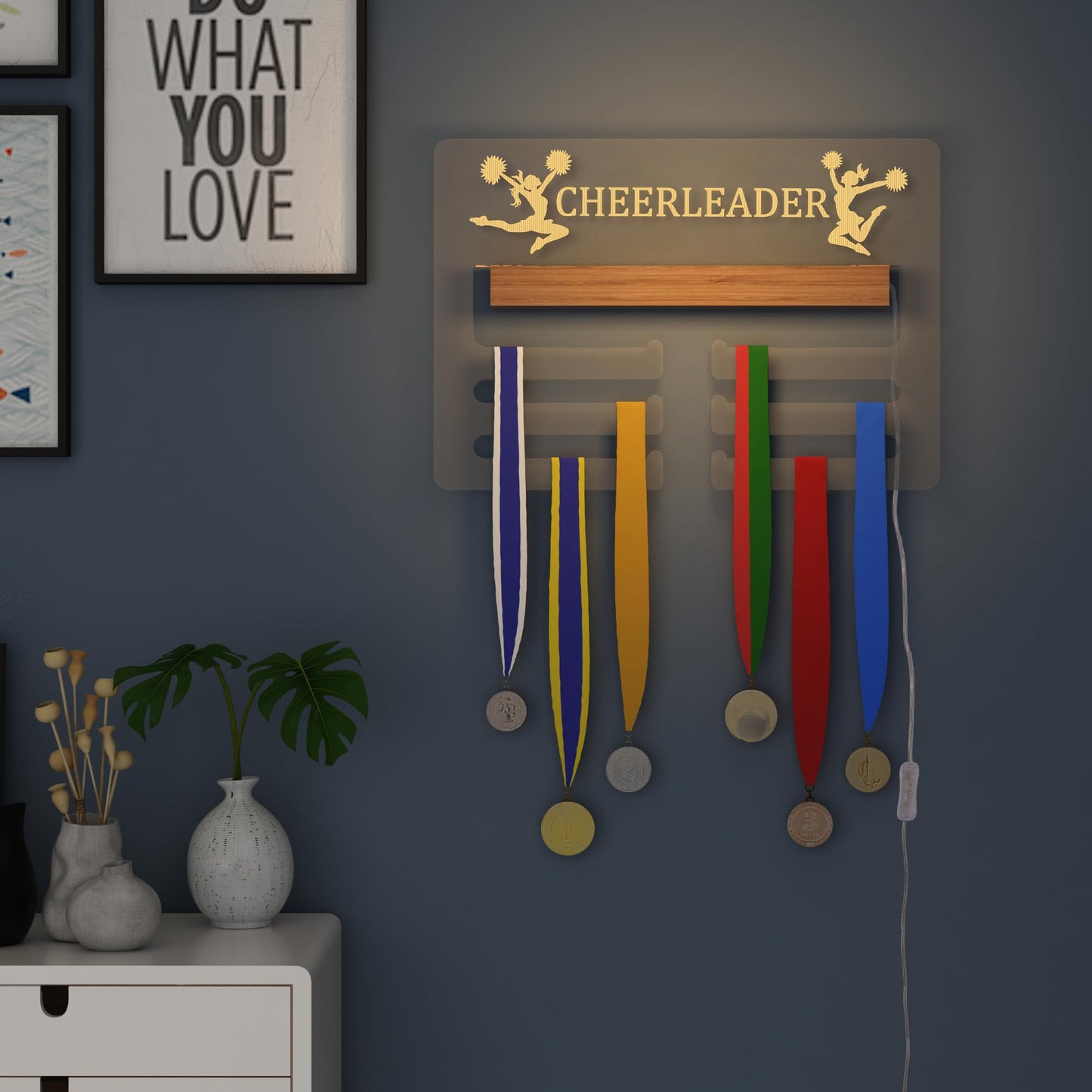 Ammonite Light up Cheerleader Medal Hanger Display, Holder Rack for Awards or Ribbons, Sports Themed Ribbon Holder for Wall, Tiered Award Rack