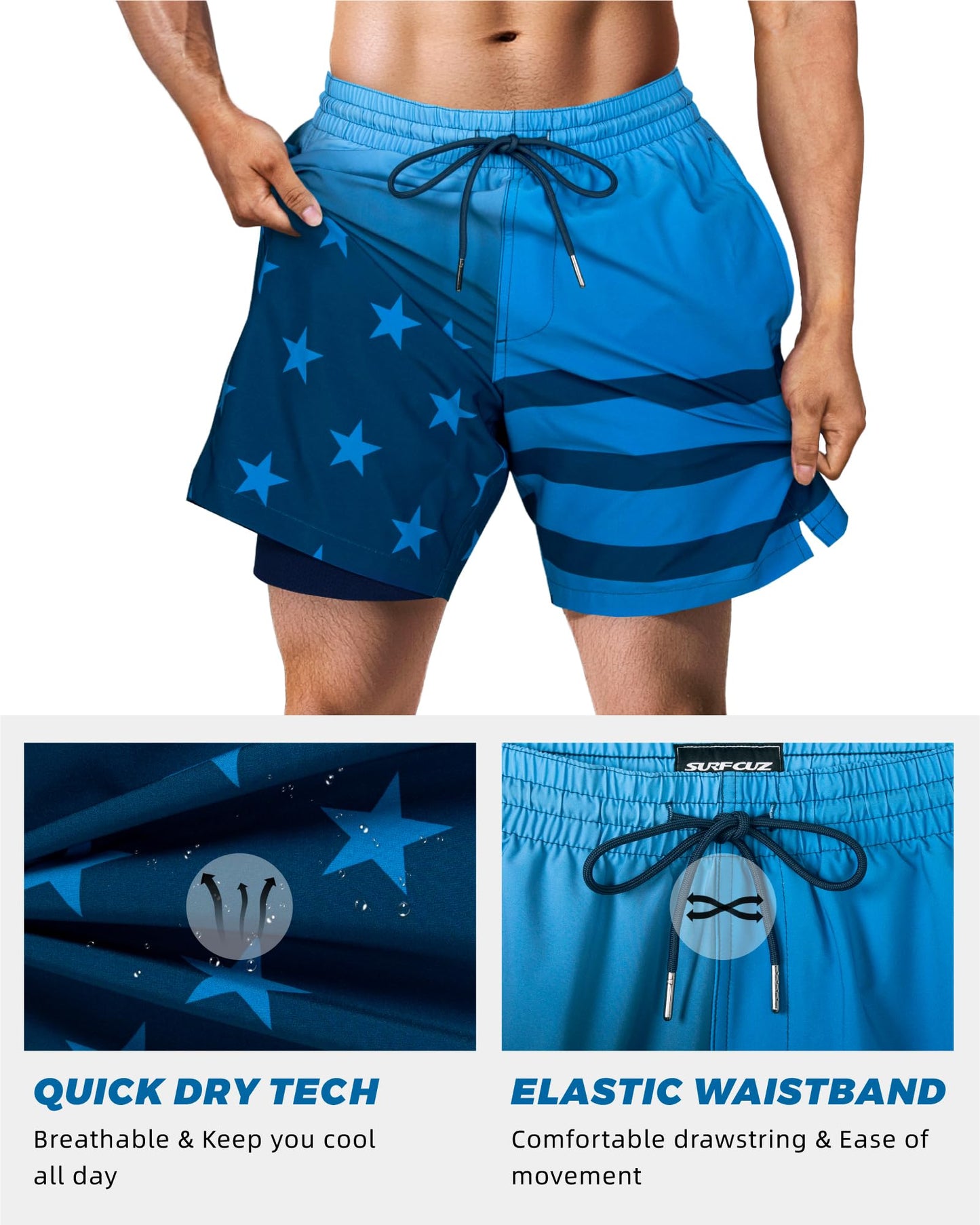 SURF CUZ Mens Swim Trunks with Compression Liner Quick Dry Swim Shorts 7" Swimming Trunks Stretch Zipper Pockets Blue Gradient Flag Large