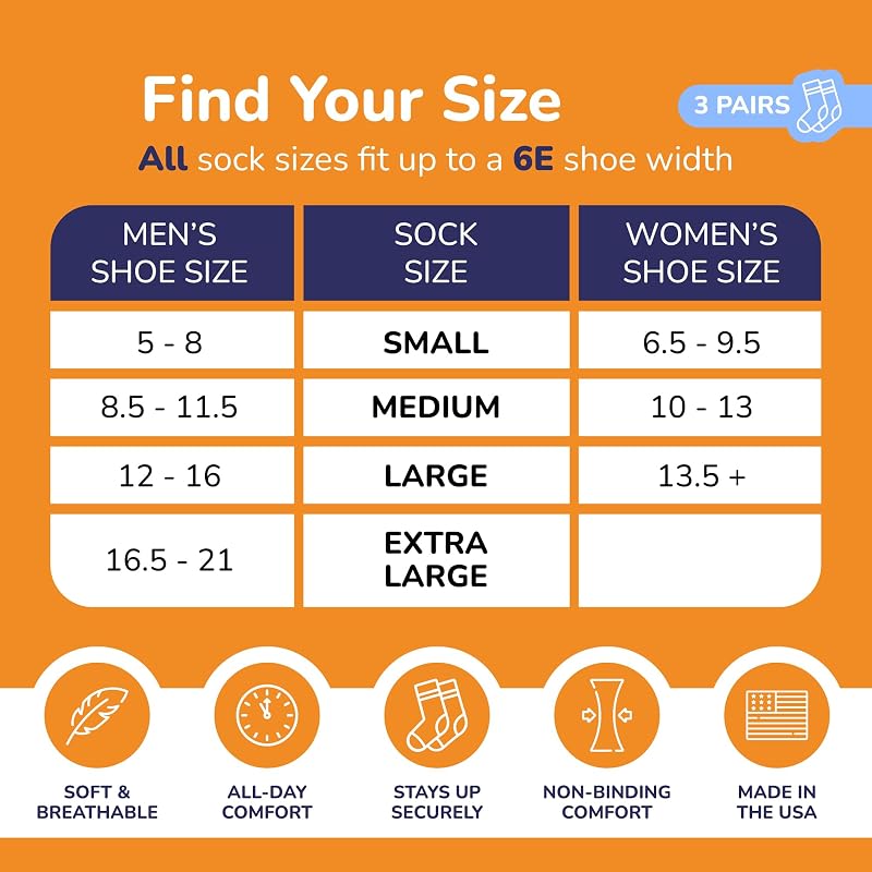 Extra Wide Athletic Socks 3 Pack - White, Large, Up to 6E Width, Made in USA