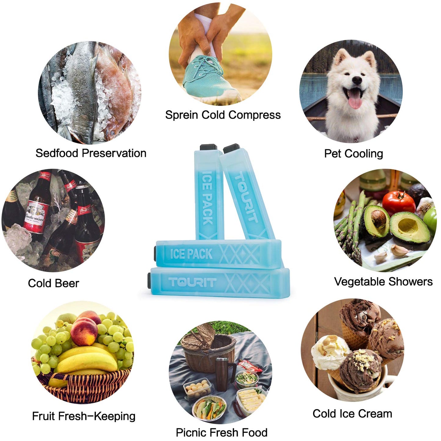 TOURIT Ice Packs for Coolers, 4 Pack Reusable Long Lasting Freezer Packs for Lunch Bags/Boxes, Cooler Backpack, Camping, Beach, Picnics, Fishing and More, Blue