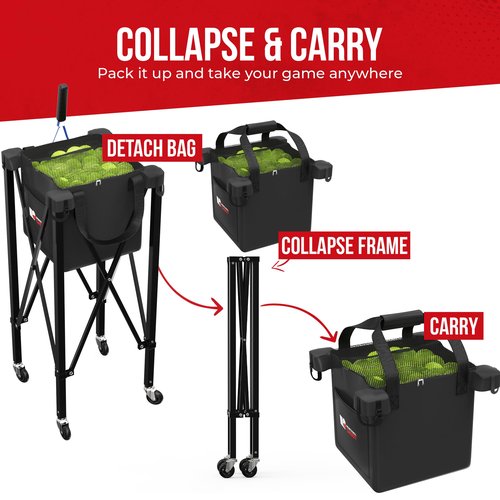 [2-in-1 Set] Tennis & Pickleball Hopper with Pickup Tube – Pickleball Caddy with Collapsible Metal Frame Ball Basket and Wheels & Carry Case – 120 Tennis Balls or 100 Pickleball Ball Holder