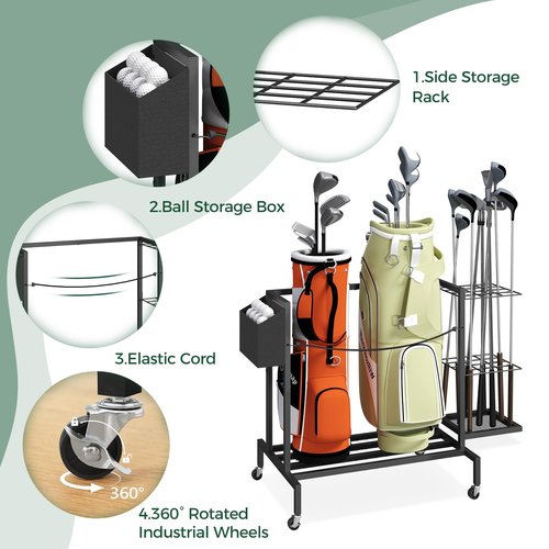 MAHANCRIS Golf Bag Organizer for Garage, Golf Bag Storage Stand Fits 2 Golf Bags, Freestanding Golf Club Holder for Garage, Shed, Home, Basement, Other Golfing Equipment Accessories, Black BEBK17501