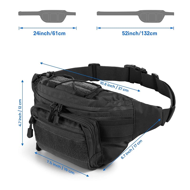 Tactical Fanny Pack with U.S. Patch | 4-Zip Military Waist Bag for Outdoors (Black, 14.6" L)