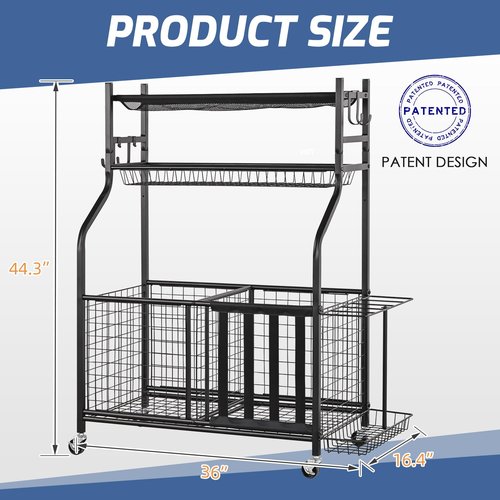 PLKOW Sports Equipment Organizer - Garage Storage Rack with Basket and Hooks, Garage Ball Storage for Toy and Sports Gear, Black