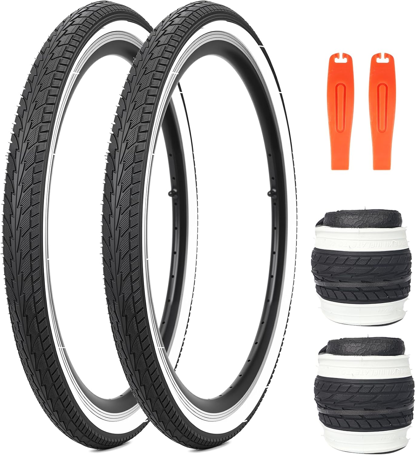 20/24 x 1.75 Inch Bike One/Two Pack Bicycle White Wall Side Black Tires Folding Bead Tires with/Without Inner Tubes Compatible with 20"/ 24" City Bike, Lady Bicycle, Cruiser Bikes, Tricycles