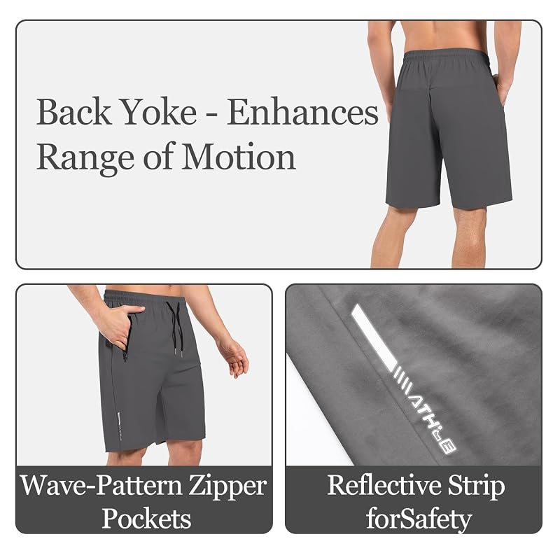 Lightweight Men's Athletic Shorts with Zipper Pockets - Quick-Dry 2-Pack (Black/Grey, Large) - Running, Gym, Basketball