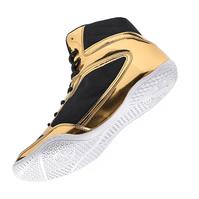 Wrestling/Boxing Shoes for Men - High Top Weightlifting Boots, Lightweight, Non-Slip - Gold 9.5