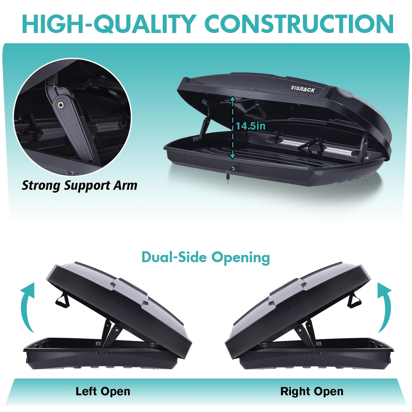 VISRACK Hard Shell Roof Cargo Box Carrier with Security Keys,Heavy Duty Waterproof Rooftop Storage Box,58.3 (L) x35.4 (W) x 13(H) Inches,15.5 Cubic Feet (Tool-Free Install),Dual Side Opening,Black