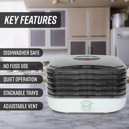 Ronco Turbo EZ-Store 5-Tray Dehydrator with Convection Air Flow, Food Preserver Adjustable Temperature Control, Quiet Operation, for Jerky, Fruits, Vegetables, Herbs, White