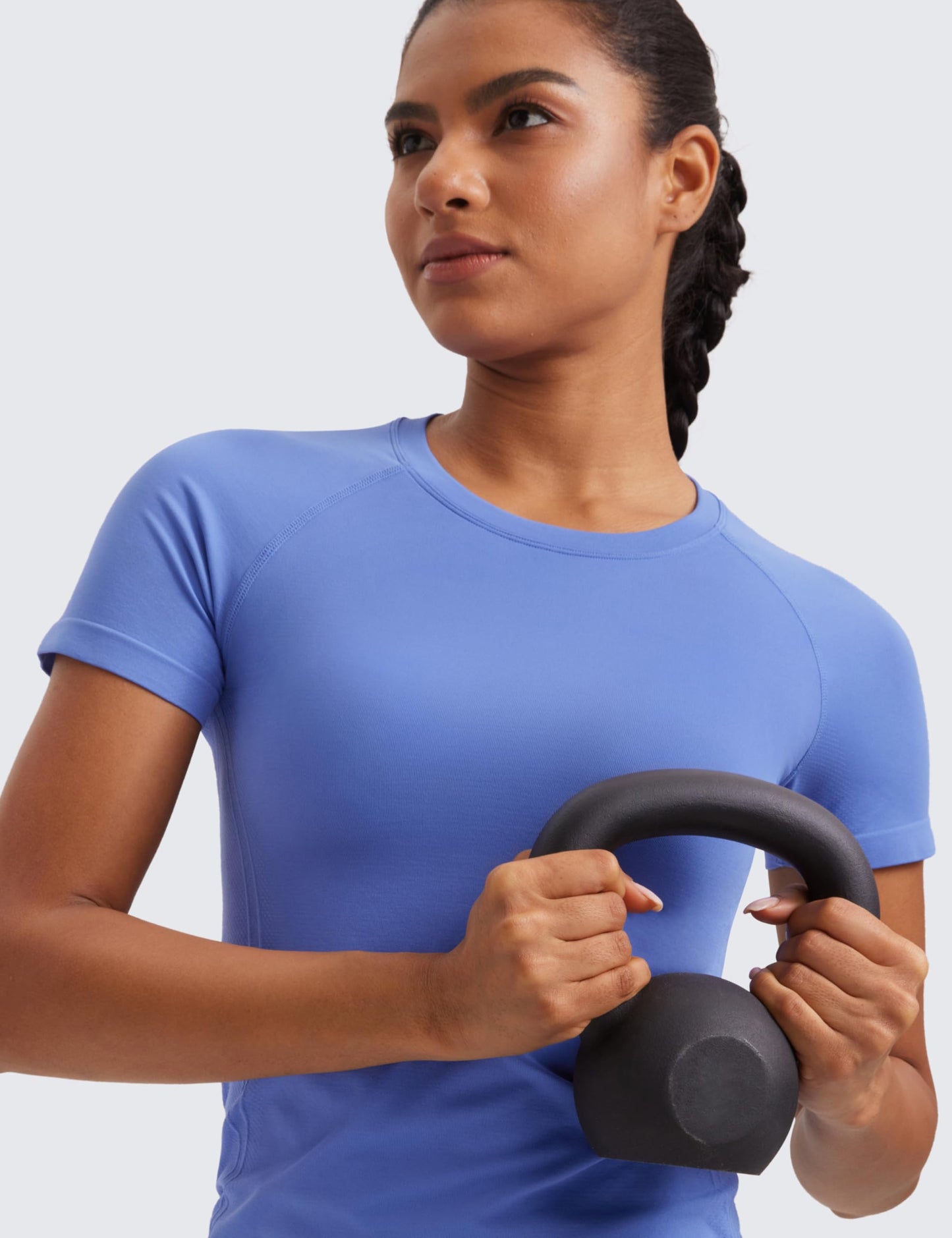 CRZ YOGA Seamless Workout Tops for Women Hip Length - Athletic Running Gym Yoga Short Sleeve Shirts Breathable Crewneck Tees Wild Indigo X-Large