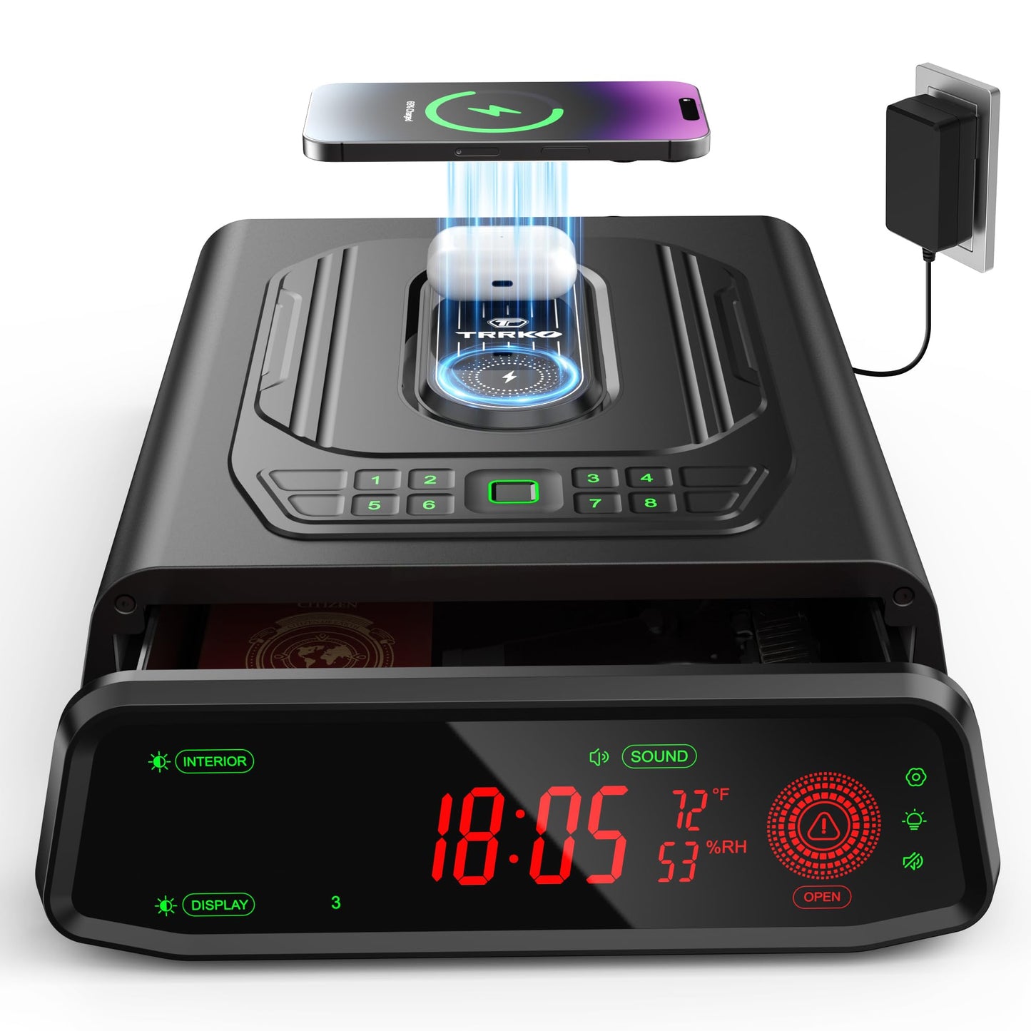 TRRKO Biometric Gun Safe for Handgun | Auto-Open Quick Access Pistol Safe with Fingerprint & Wireless Charger, Smart LED Display, Handgun Safe for Nightstand/Bedside/Home Defense(Deep Black）