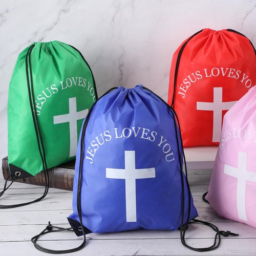 SilTriangle Jesus Loves You Drawstring Backpack Bulk Easter Church Gifts Christian Religious Gift Bag Polyester Backpack (Multicolor,20 Pcs)