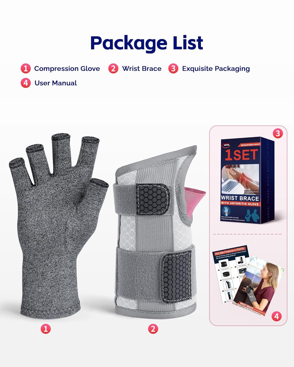 FEATOL Compression Arthritis Glove with Wrist Brace, Comfortable Fingerless Carpal Tunnel Hand Gloves for Women Night Support, Pain Relief for Rheumatoid Arthritis, Work, Typing - Right Hand, Large