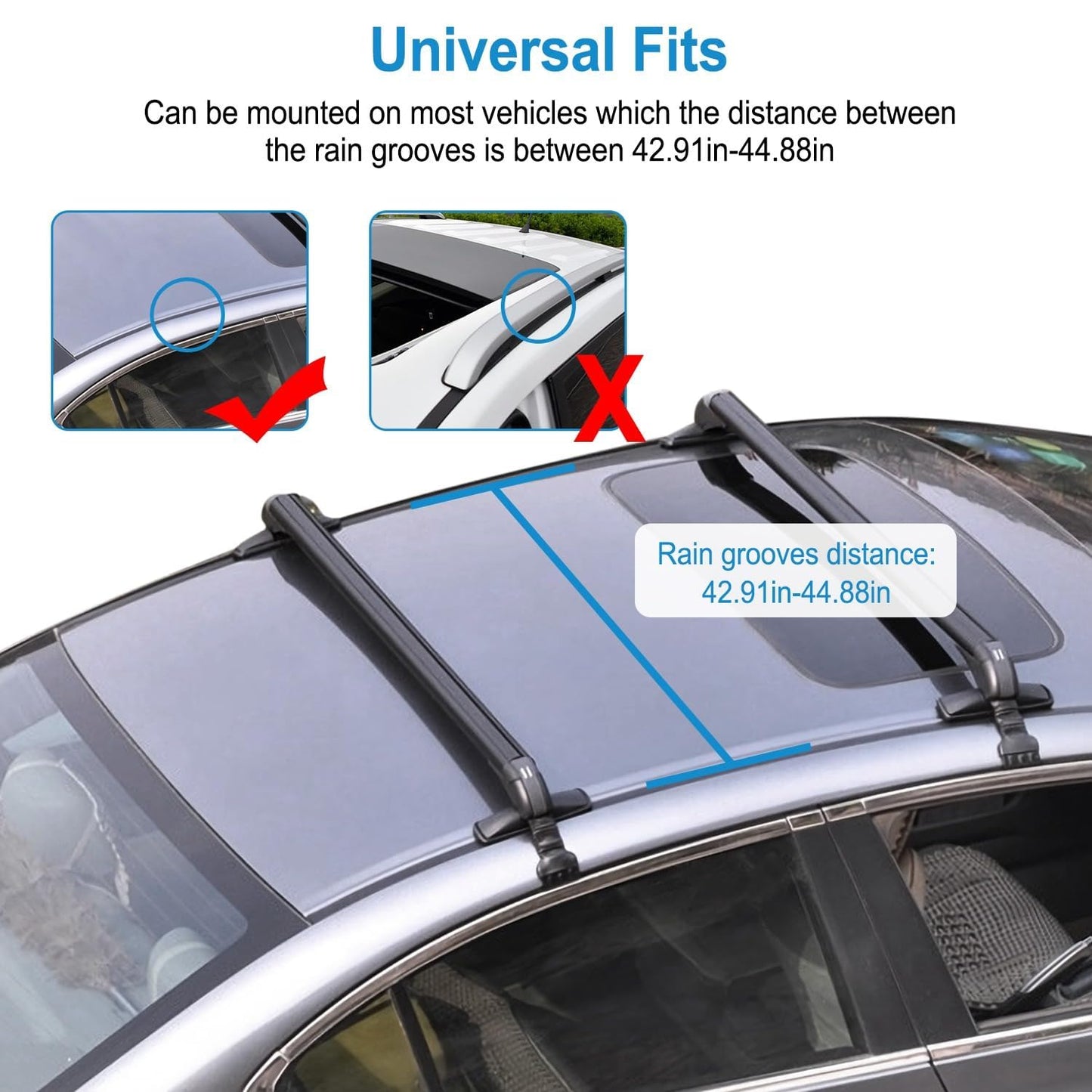 TeqHome Universal Roof Rack Cross Bars, 43-inch Aluminum Lockable Car Top Crossbars with Anti-Theft Lock, Adjustable Window Frame for Bare Roof Kayak Bike Rooftop Cargo Carrier Luggage 165 LBS Load