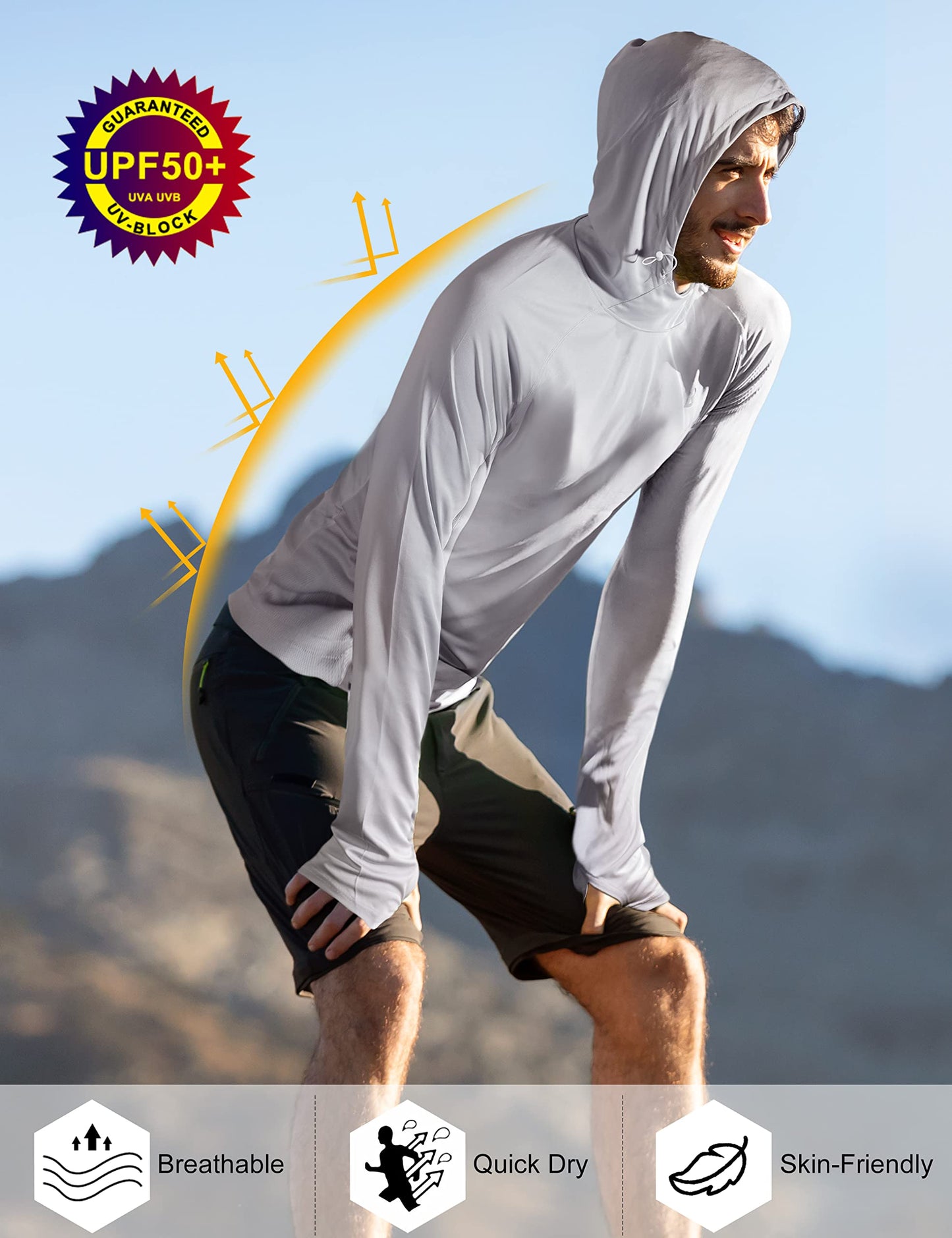 Roadbox UPF 50+ Sun Protection Hoodie Shirt, Outdoor Fishing SPF UV Long Sleeve Shirts, Quick Dry Hiking Running Rash Guard Gray