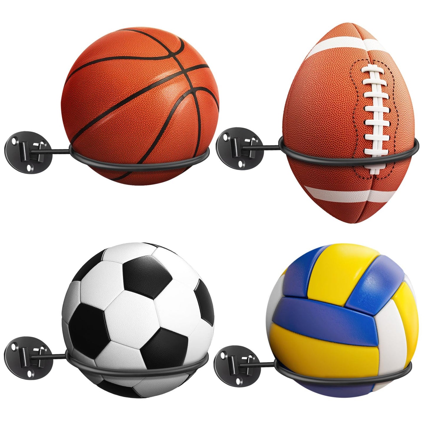Basketball-Holder Wall Mount, Football Holder Space Saving Ball Storage Rack, Durable Wall Mounted Ball Organizer for Basketball, Football, Volleyball, Soccer Balls, Garage, Kids Room (4 Packs)