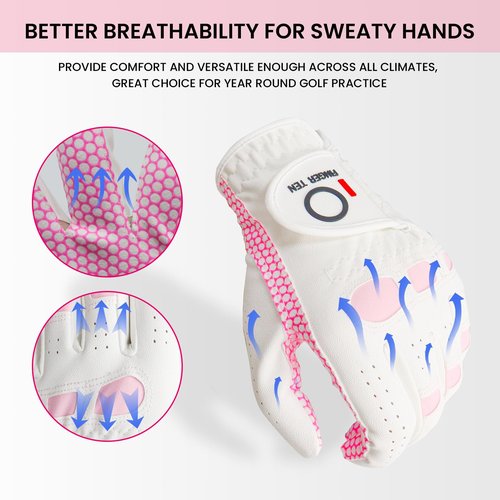 FINGER TEN Ladies Golf Gloves Left Right Hand 1 Pack, Golf Glove for Women's Golfer Lh Rh All Weather Grip, Size Fit XS Small Medium Large XL (Pink, Medium (Worn On Left Hand))