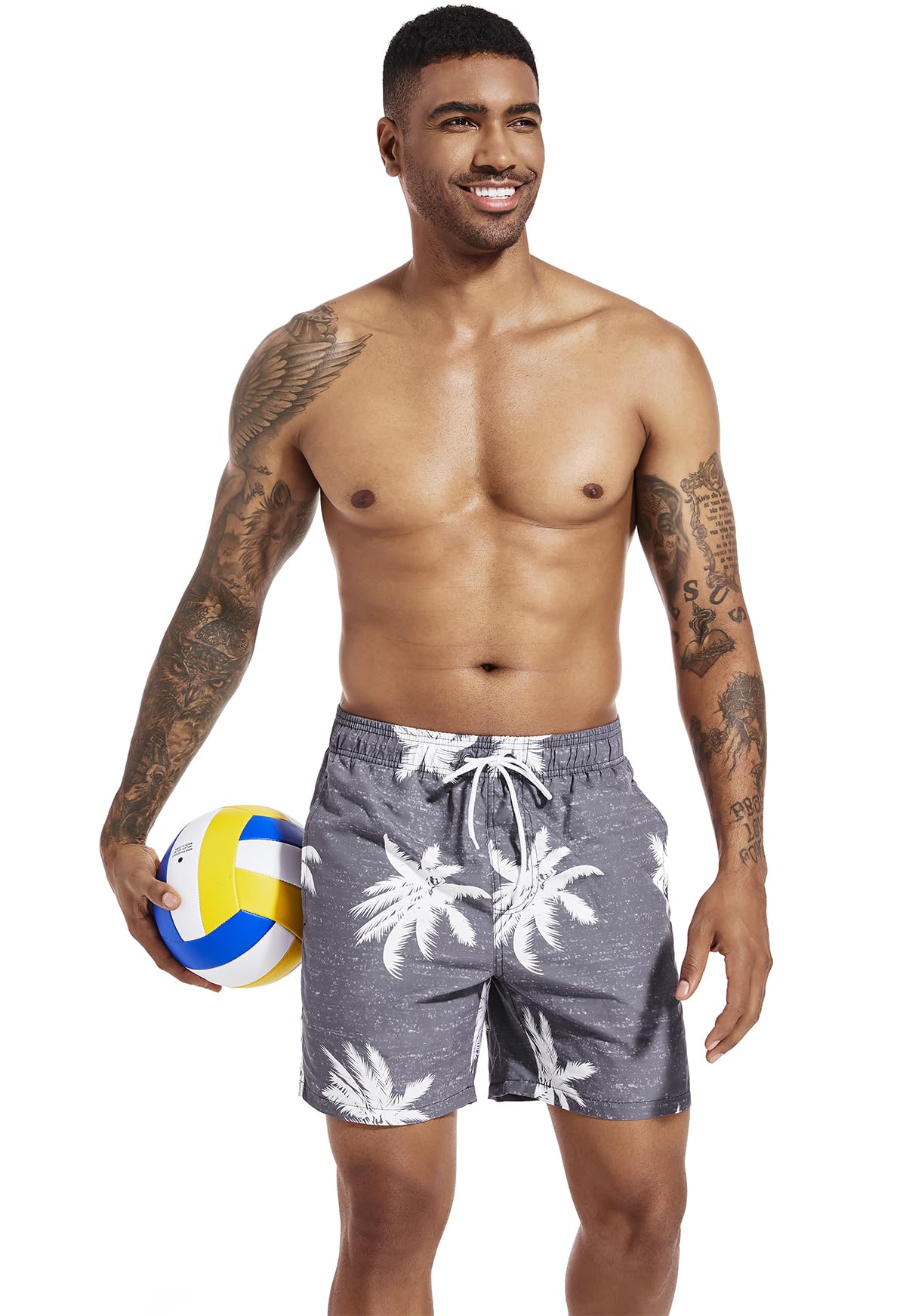 SILKWORLD Mens Swim Trunks Quick Dry Bathing Suit Shorts with Mesh Lining, Palm Leaf(Grey), Medium