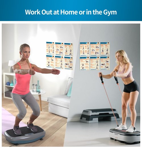 Whole Body Vibration Plate Exercise Poster Set - 6 Workout Guides & 2 Customizable 30-Day Plans for Home & Gym Use