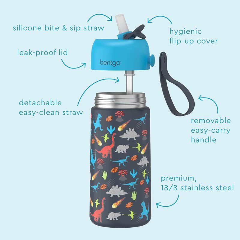 Bentgo Kids 14 oz Stainless Steel Water Bottle - Leak-Proof Bite & Sip (Dinosaur Variation)