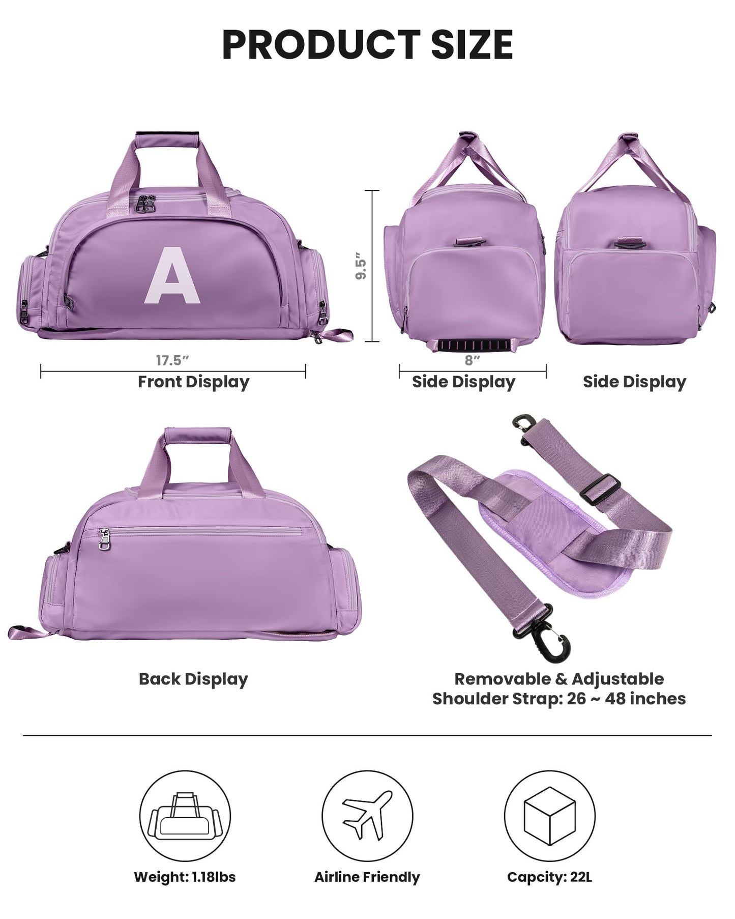 Vogewood Birthday Gift-Gifts for 12 13 14 15 16 17 18 Year Old Girls, Initial Gym Bags with Shoe Compartment, Dance Bag for Girls, Kid Overnight Bags, Travel Duffle Tote-Teen Girl Gift (Letter A)