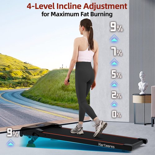 Hartwares Walking Pad Treadmill with 9% Incline, 2.5HP Quiet Treadmills for Home Office Small, Portable Walking Pad with 265lb Capacity, App Compatible &Remote Control
