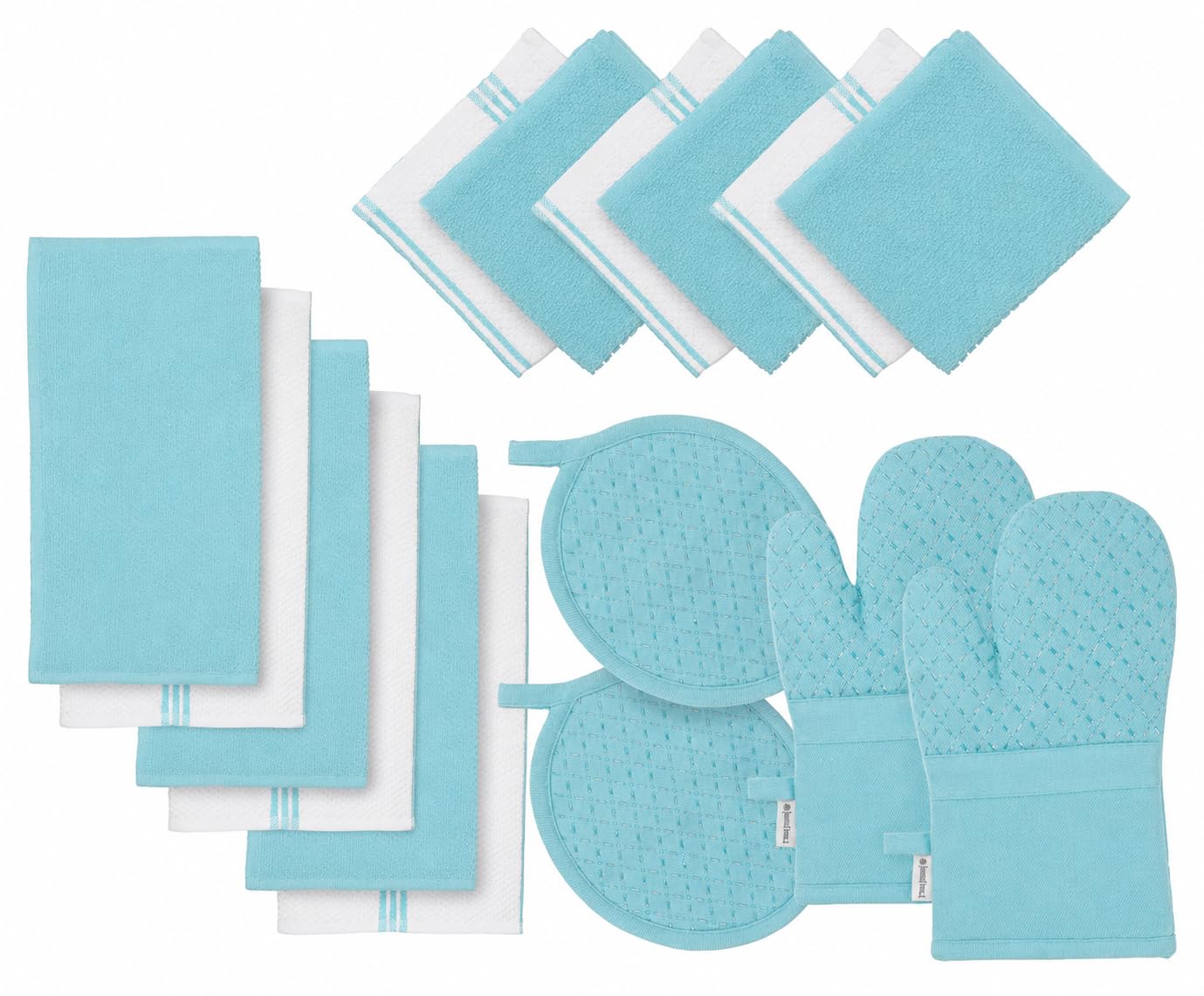 Lane Linen 16Pc Kitchen Towel Set - Heat Resistant Oven Mitts & Pot Holders, Reusable Dish Cloths, Absorbent Hand Towels - Aqua