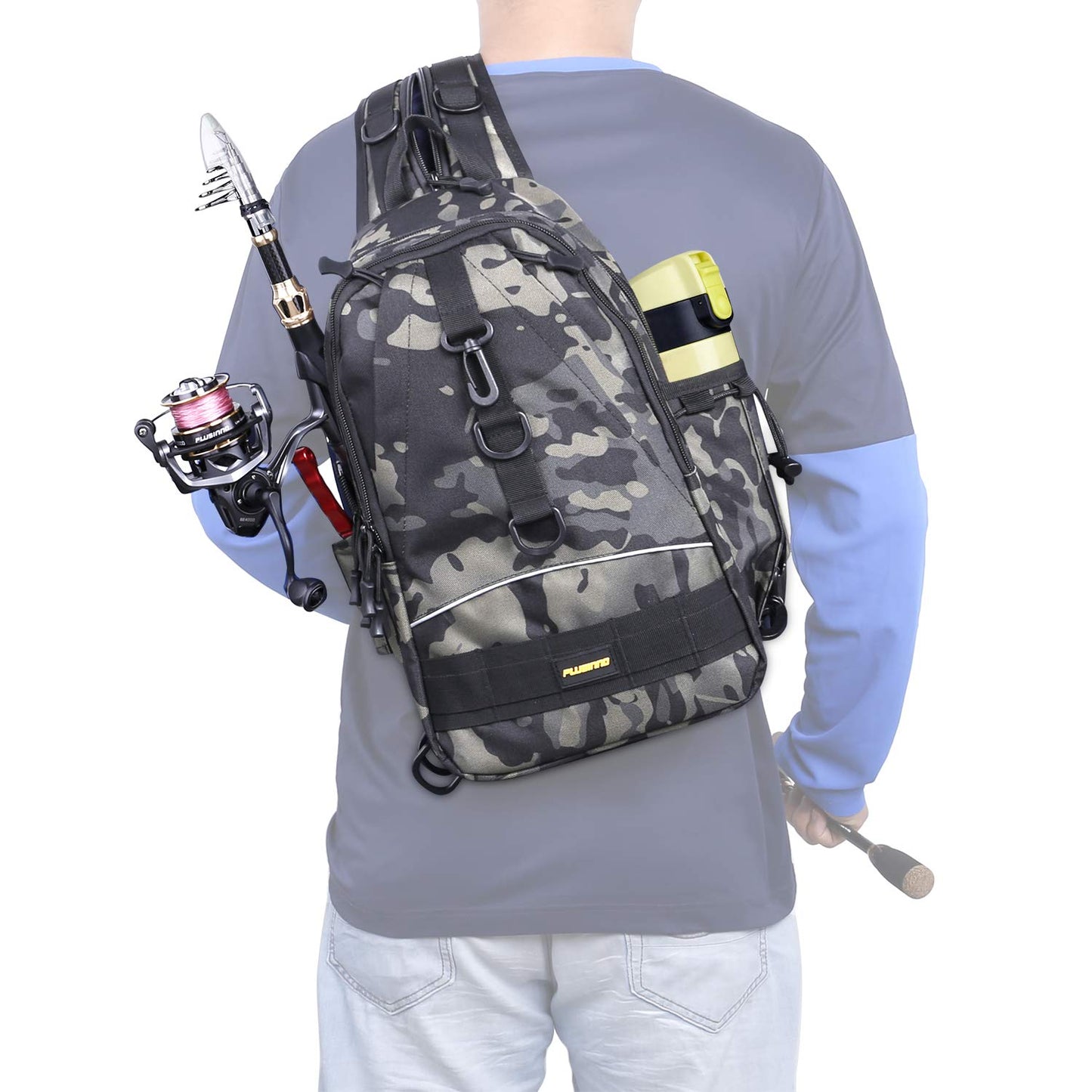 PLUSINNO Fishing Tackle Backpack Storage Bag，Outdoor Shoulder Backpack，Fishing Gear Bag，Water-Resistant Fishing Backpack with Rod Holder (Standard(14.6*8.7*5.5 inch)-Black CP)